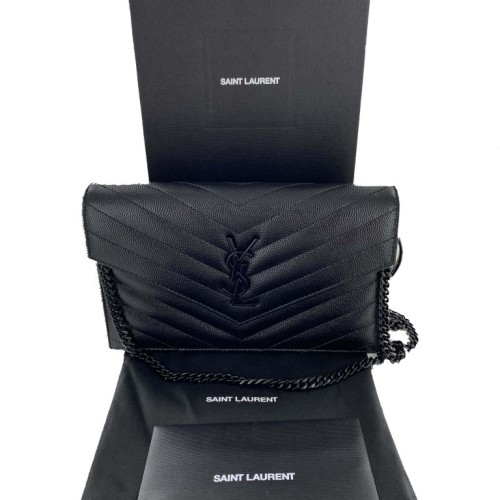 YSL Cassandre Saint Laurent Matelassé Envelope Chain Wallet in Grain de